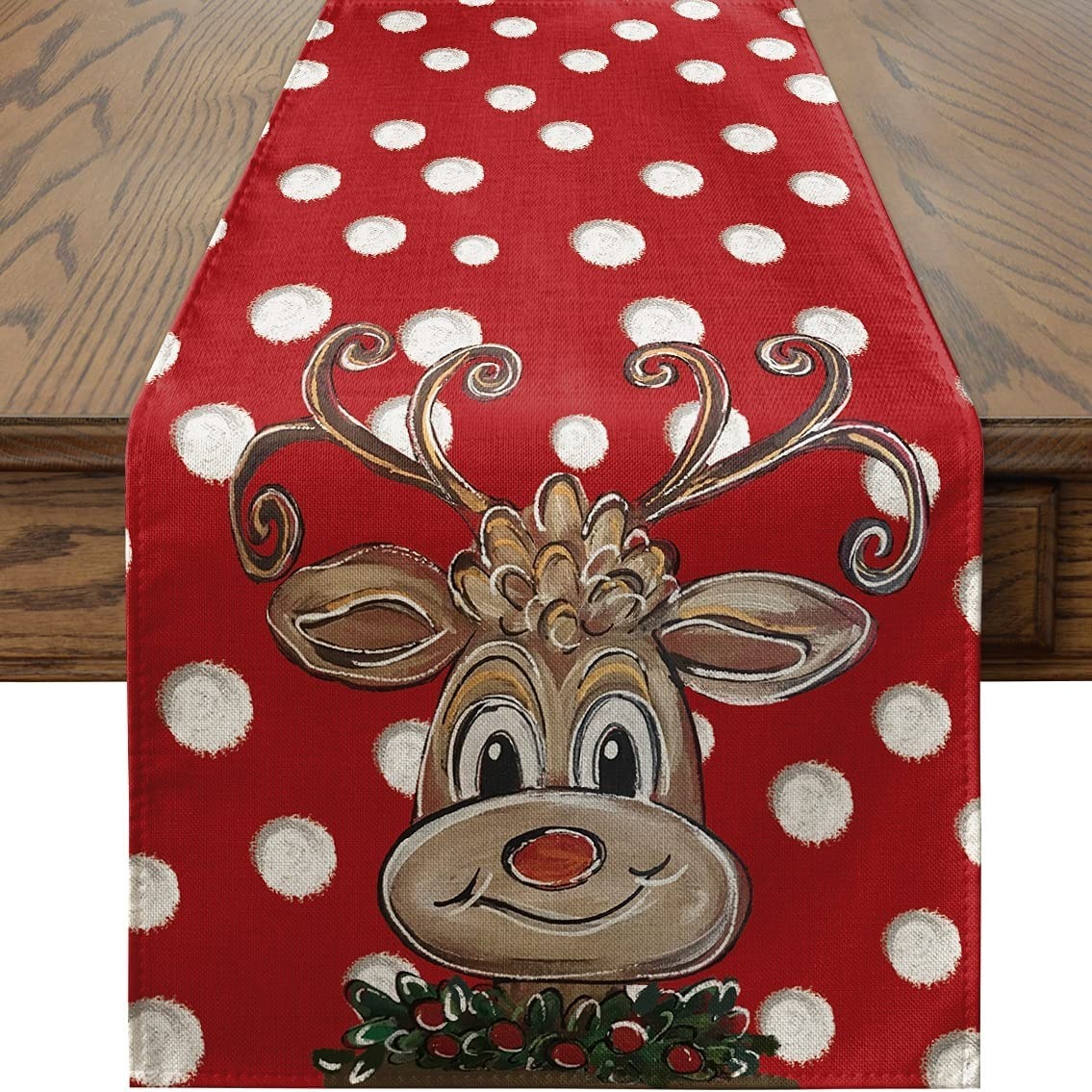 

1pc Cute Cartoon Reindeer Table Runner, Polka Dot Red Christmas Table Runner, Seasonal Winter Xmas Holiday Kitchen Dining Table Decoration For Indoor Outdoor Home Party Decor, 13 X 72 Inch