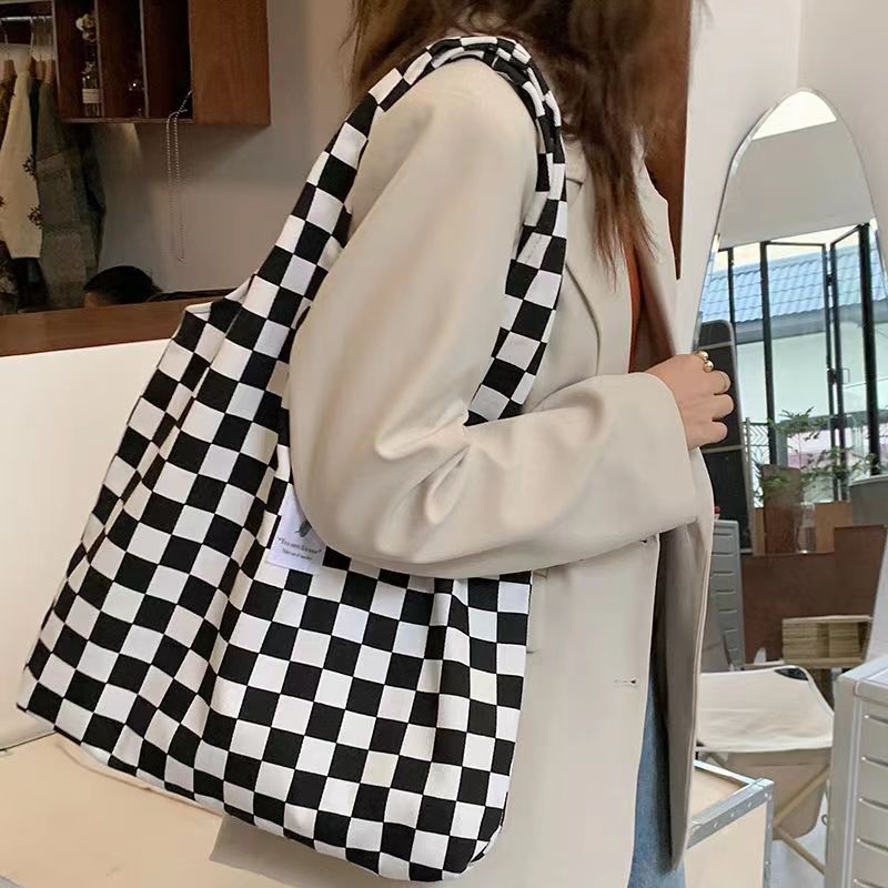 Checkered Pattern Shopper Bag, Canvas Casual Women's Tote Large