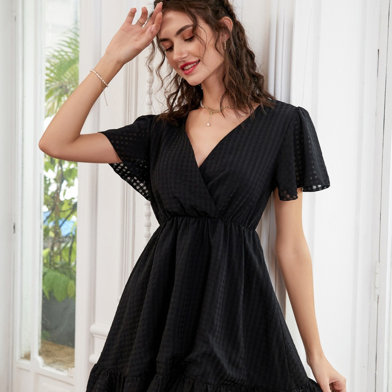 Solid Ruffle Sleeve Shirred Ruffle Trim Dresses, Women's Woven Women's