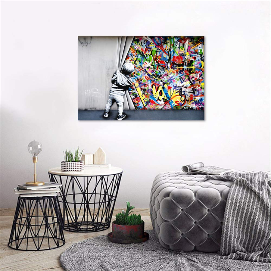 Classic Street Art Banksy Graffiti Wall Art Behind The Curtain Posters Canvas Paintings Colorful Graffiti Pictures Prints Stretched and Framed for