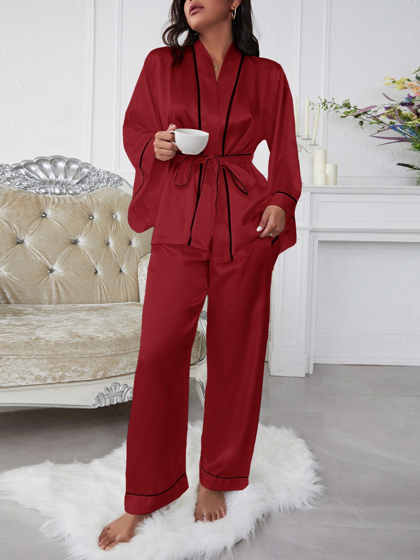FDBA Women Pajamas Set Sling V neck Strap Silk Pajamas 3 Peices Sleepwear  for Women Long Sleeves Breathable Robe Top+ Long Pant