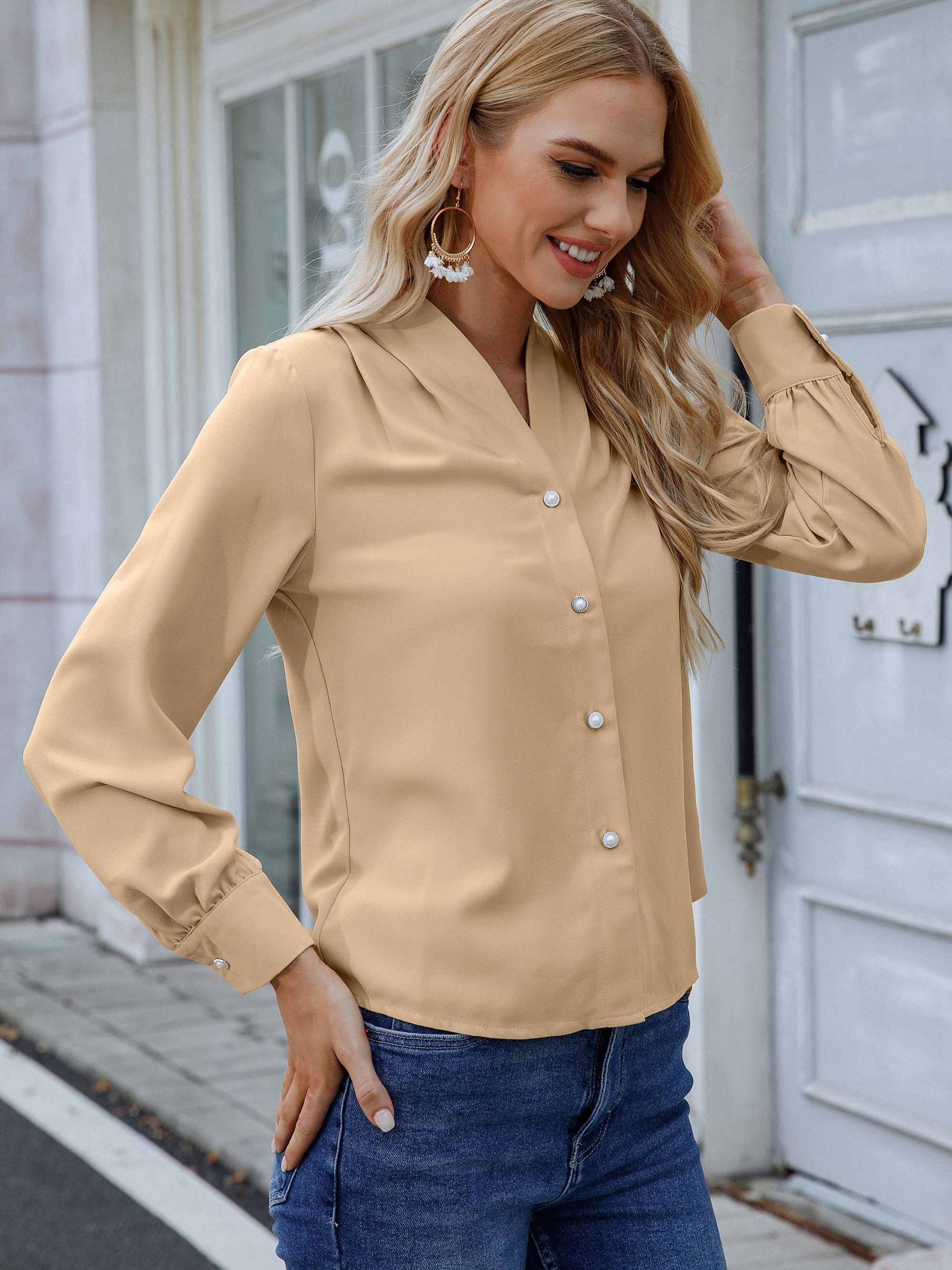 Down Long Blouses Casual Shirts Tops Women's Button Sleeve Women's Blouse