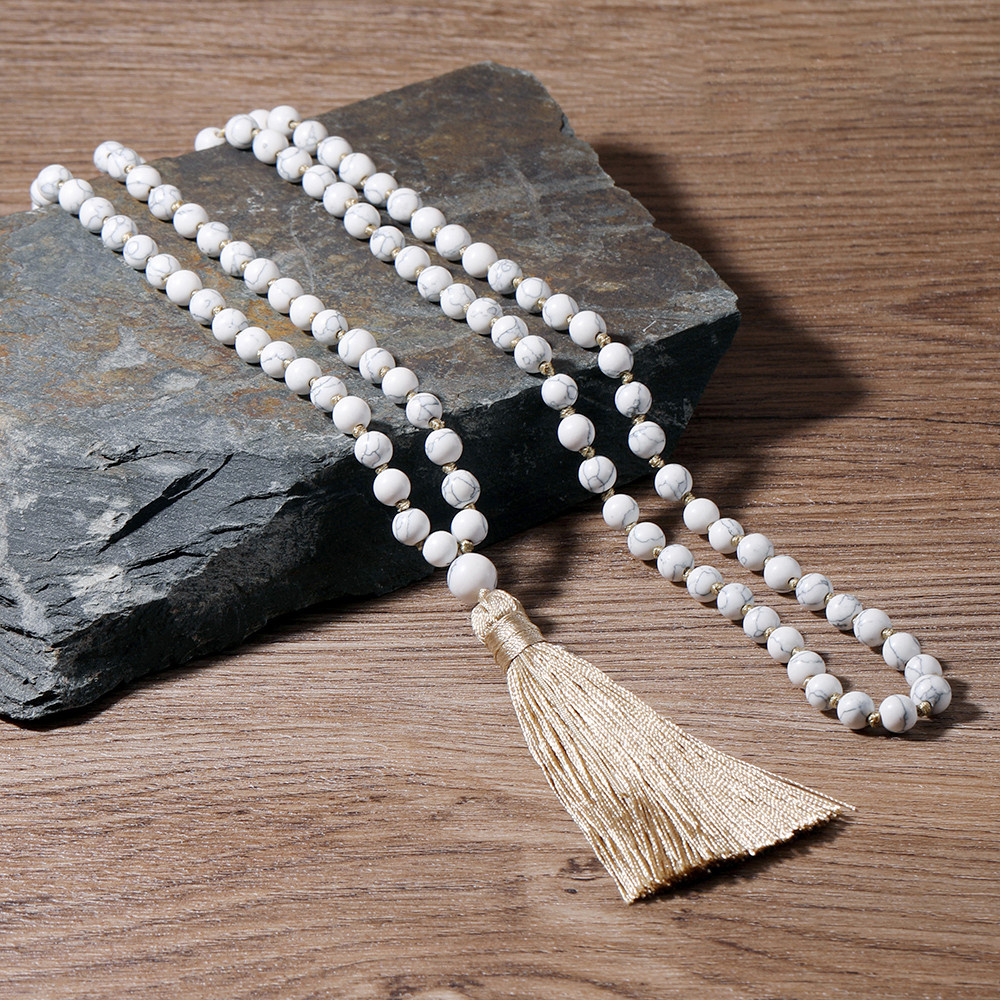 6mm Howlite Beaded Knotted 108 Mala Necklace Meditation Yoga Prayer Jewelry  With Tassel Pendant Japamala Rosary