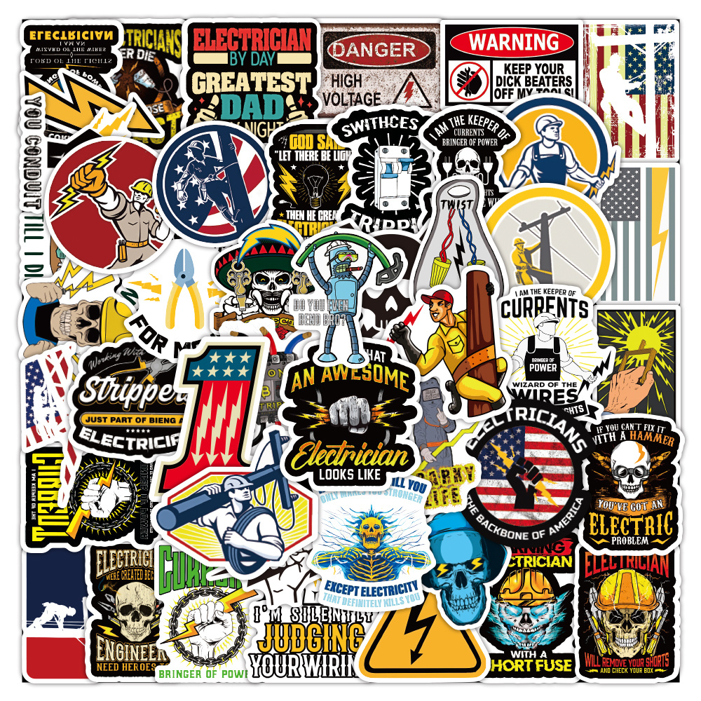 52pcs Funny Electrician Vinyl Stickers Decals For Hard Hats Trucks Cars