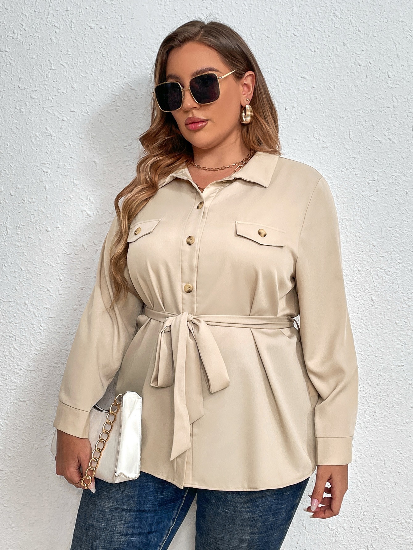  KECKS Women's Tops Shirts Sexy Tops for Women Drop Shoulder  Button Front Belted Shirt Shirts for Women (Color : Apricot, Size : Medium)  : Clothing, Shoes & Jewelry