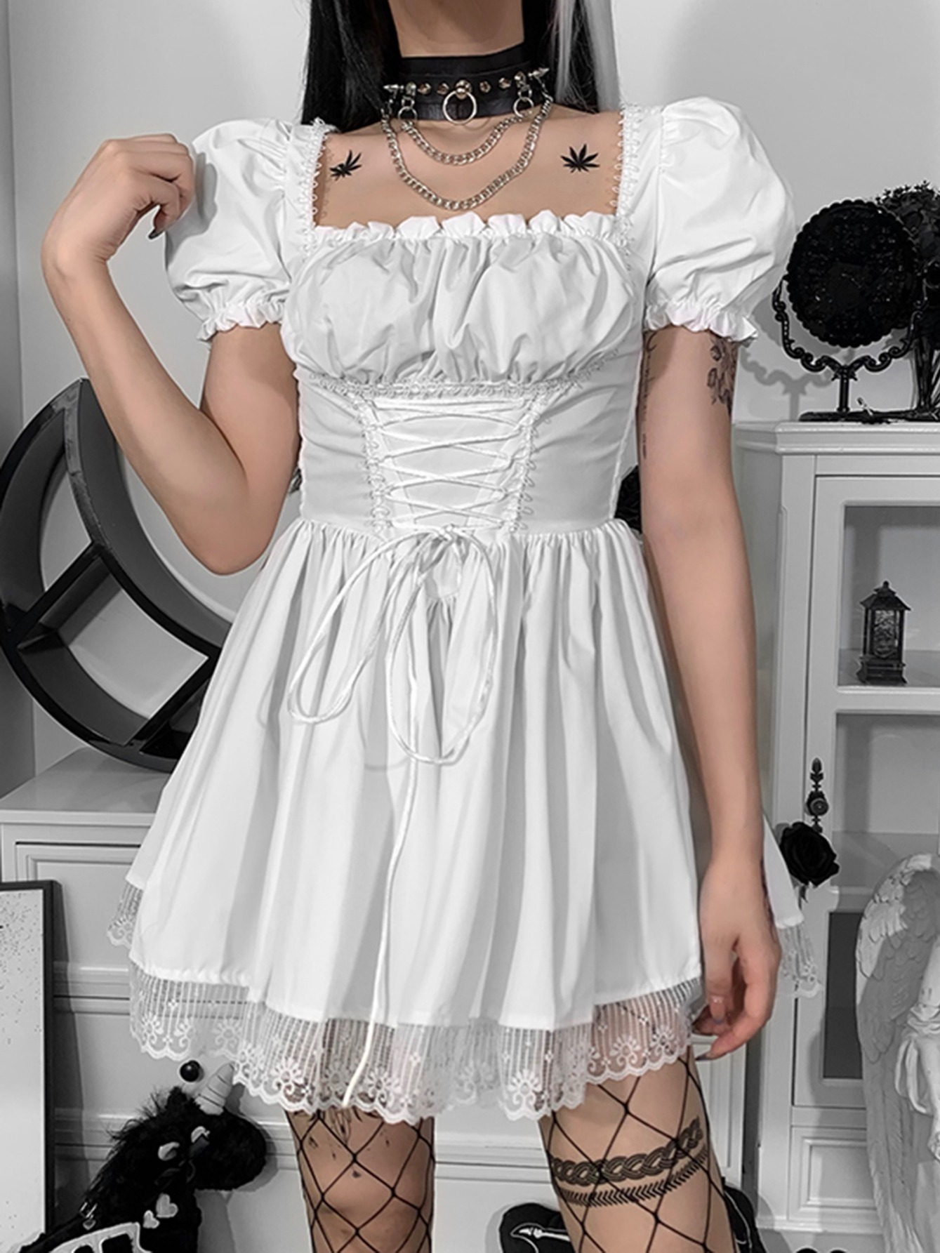 Cute White Elegant Bustier Corset Long Puff A-line Mini Dress