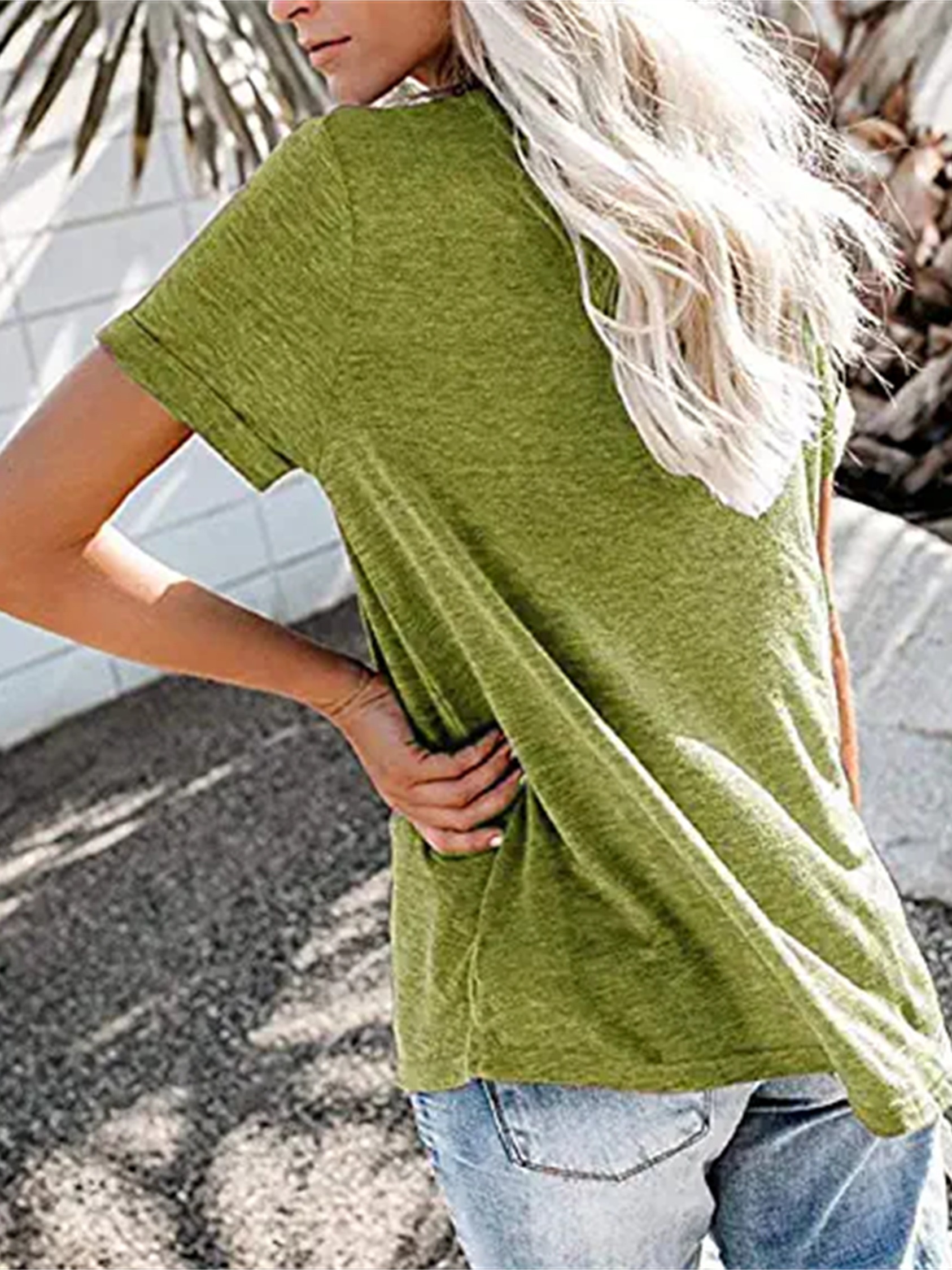 v neck button t shirt short sleeve solid t shirt casual every day tops womens clothing army green 1