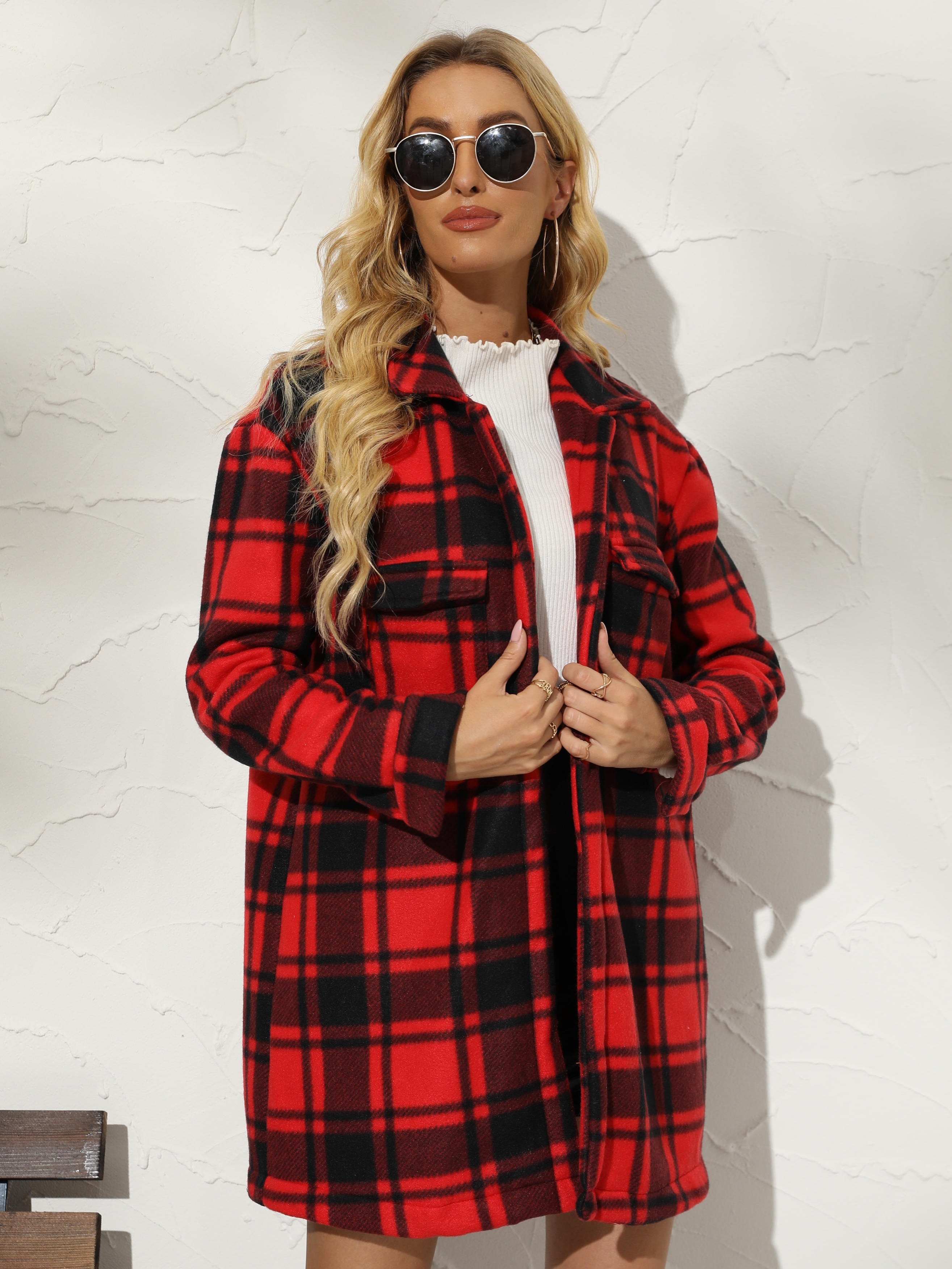 Olivia Mark – Chic Plaid Patterned Button Front Longline Trench