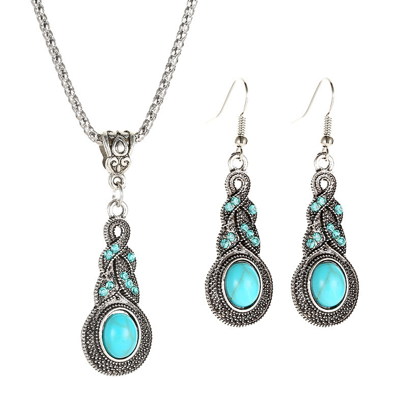 

Blue Rhinestone Inlaid Turquoise Drop Earrings Set Original Design