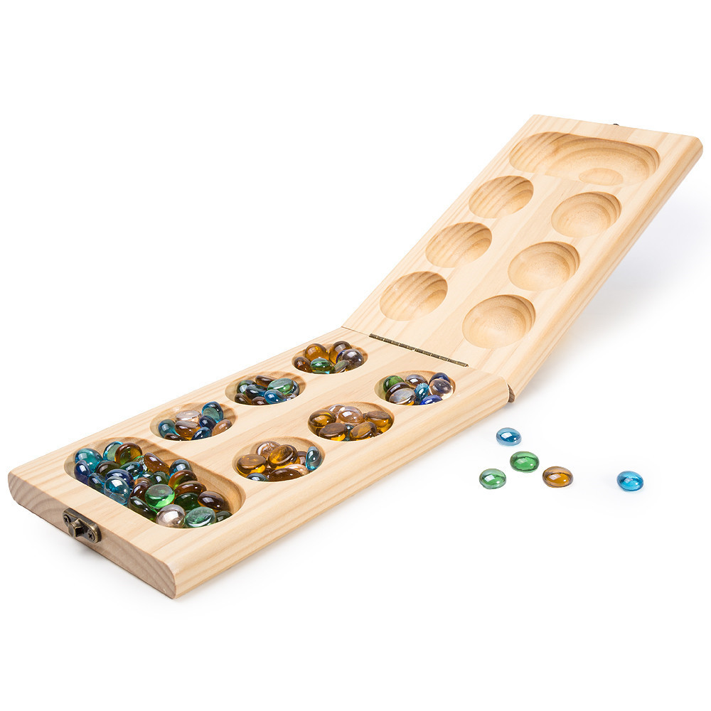 Mancala Board Game with Multi-Color Glass Stones. Family Travel Strate