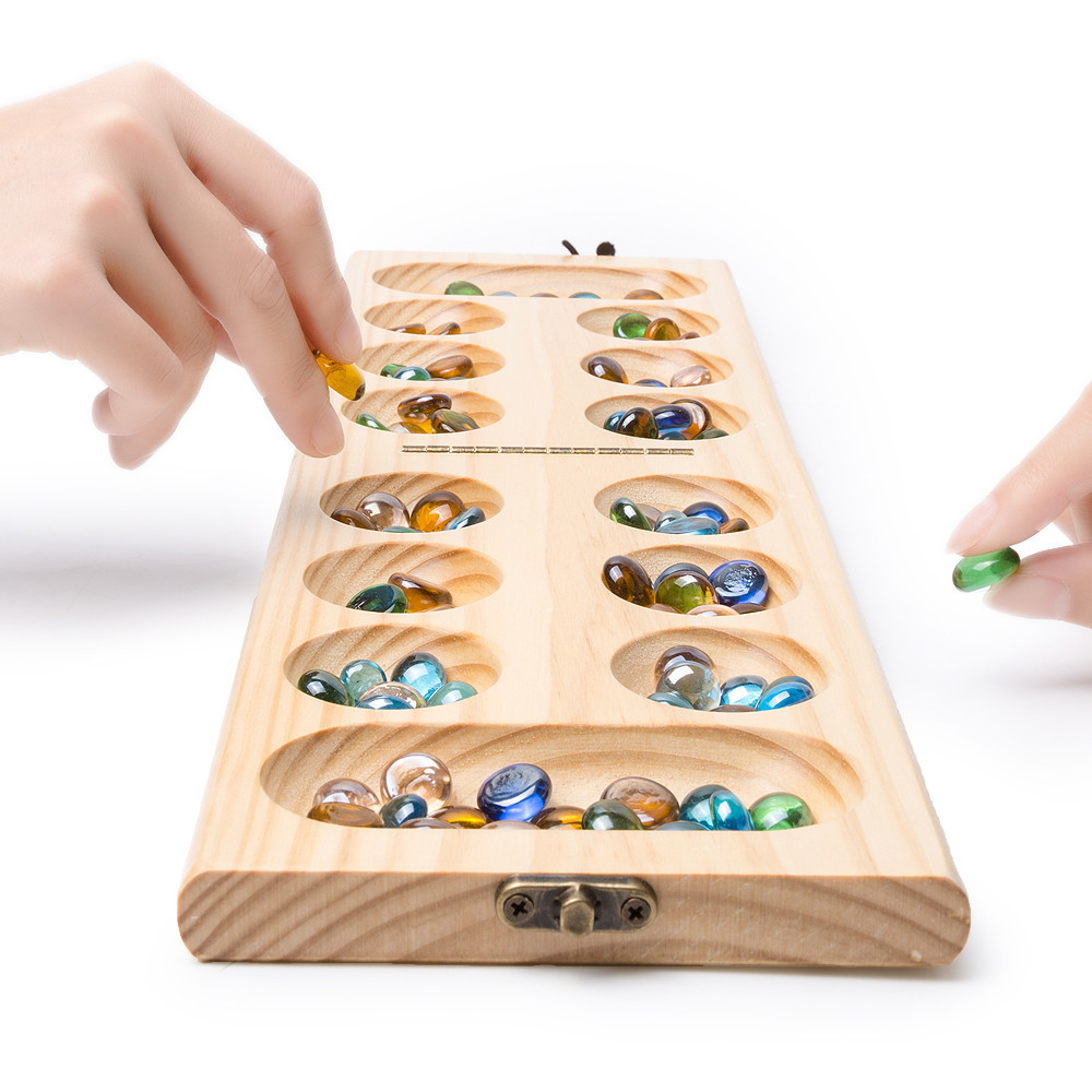 Mancala Board Game with Multi-Color Glass Stones. Family Travel Strate