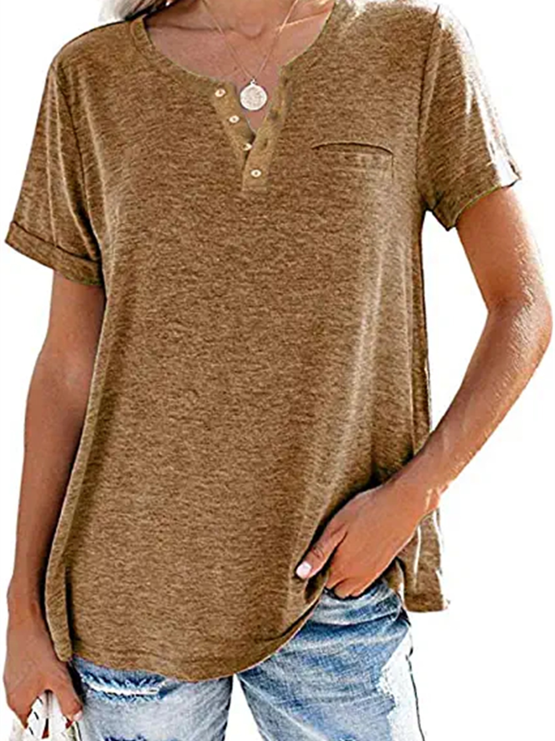 v neck button t shirt short sleeve solid t shirt casual every day tops womens clothing camel 0