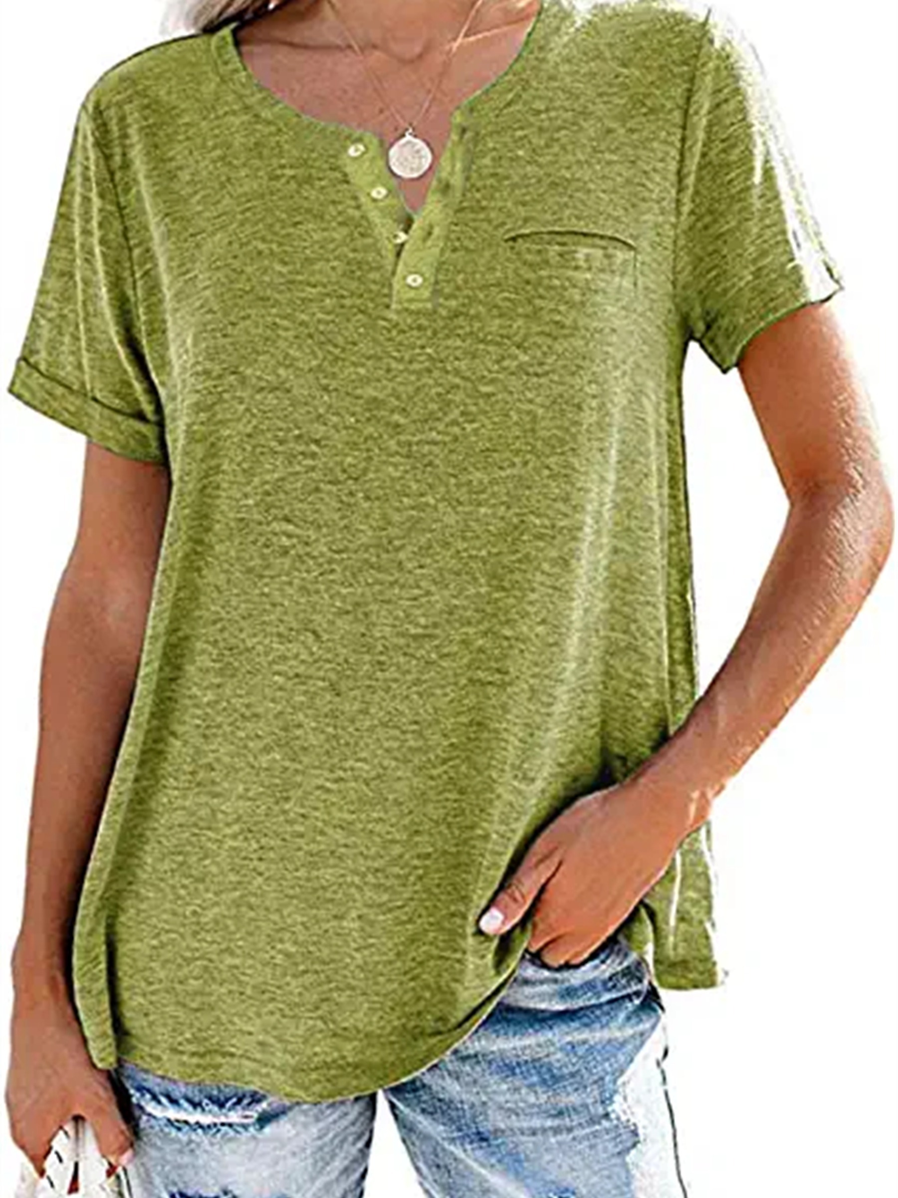 v neck button t shirt short sleeve solid t shirt casual every day tops womens clothing army green 0