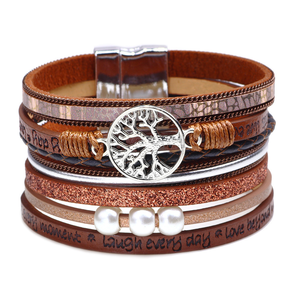 

Hollow Tree Of Life Letters Pearl Women's Leather Bracelet