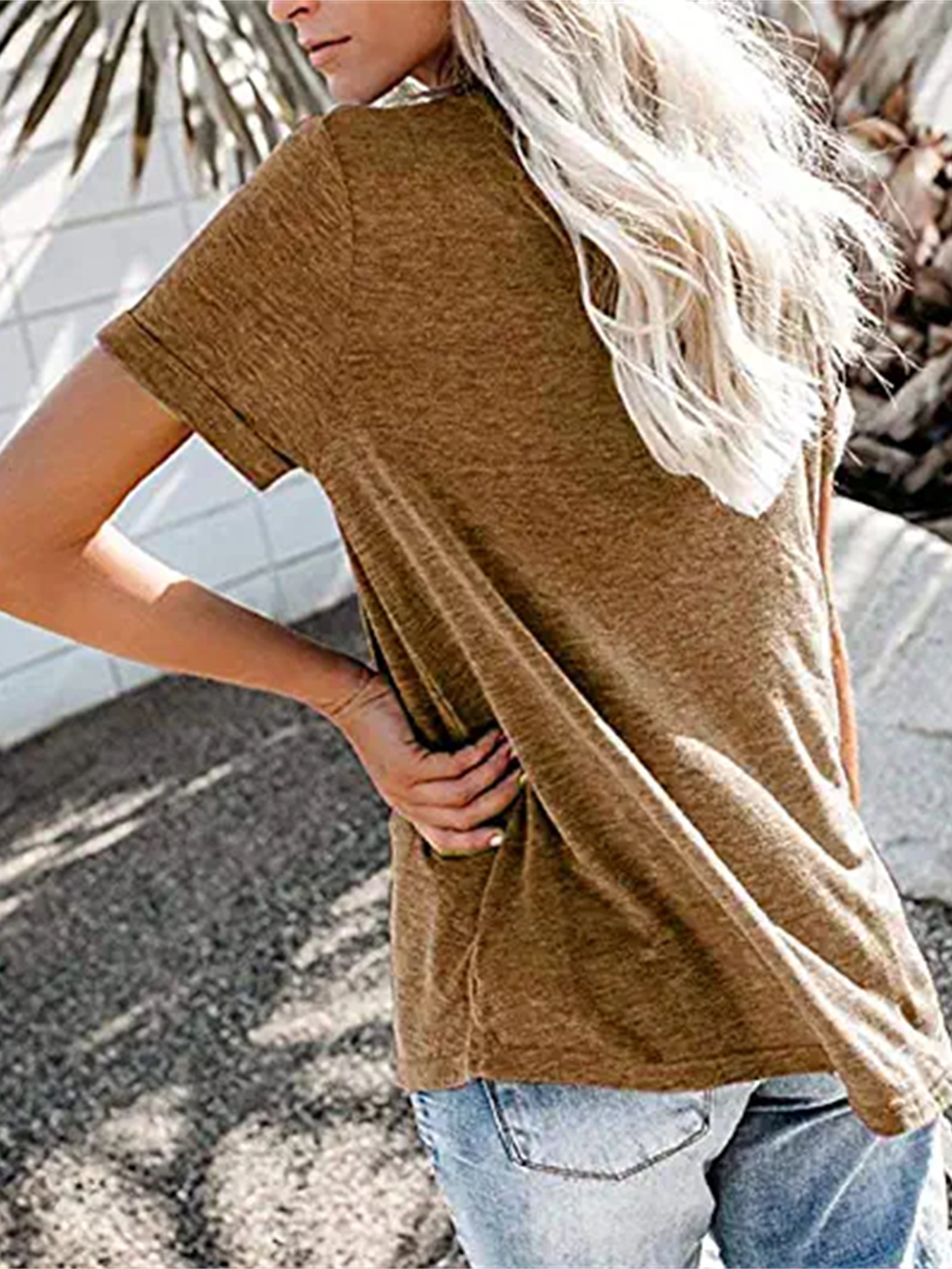 v neck button t shirt short sleeve solid t shirt casual every day tops womens clothing camel 1