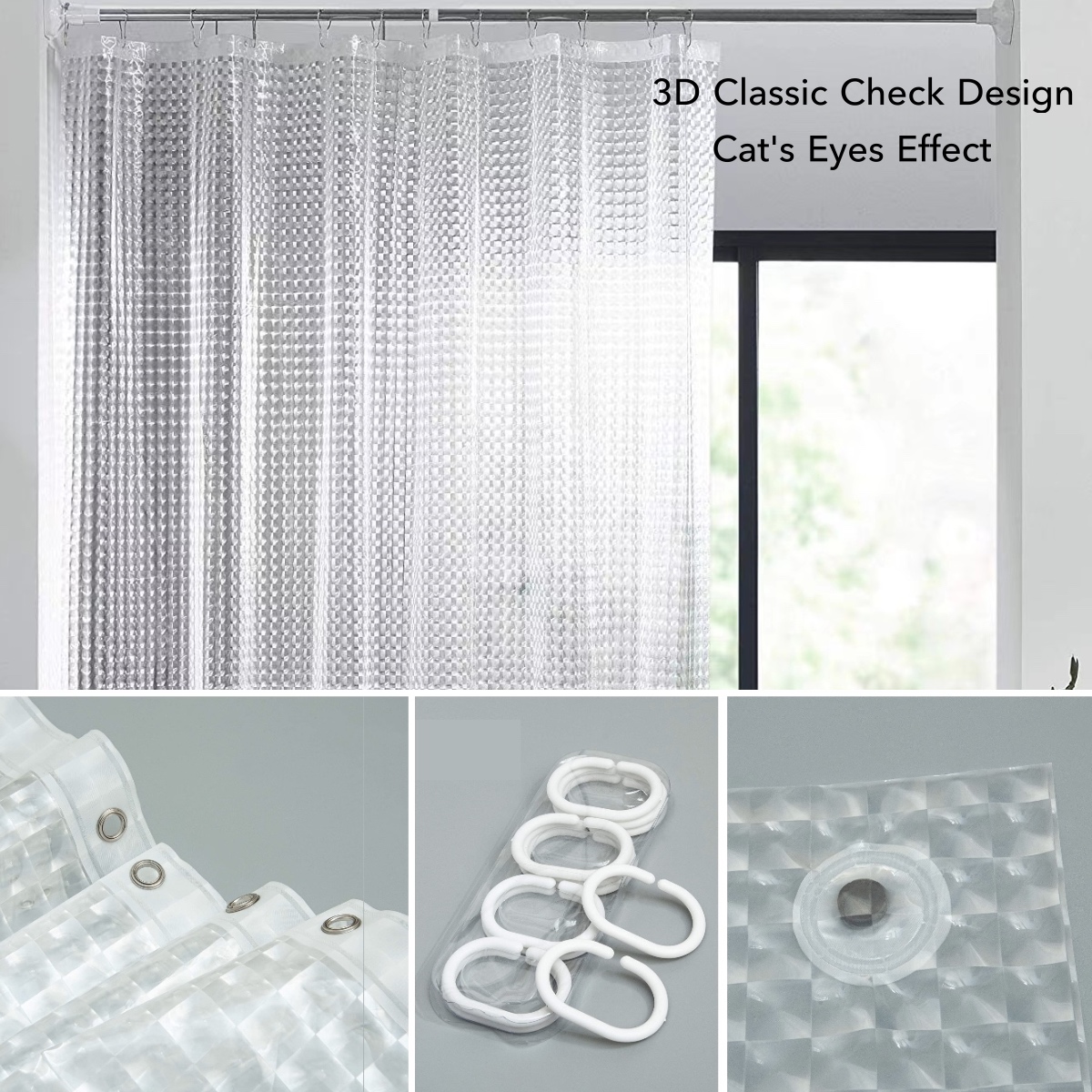Shower Curtain Liner Clear 3d Design Semi transparent Hooks - Temu
