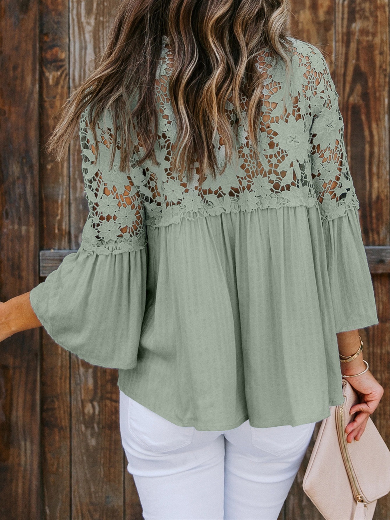 V Neck Hollow Lace Stitching Tops Casual Long Sleeve Fashion - Temu Mexico