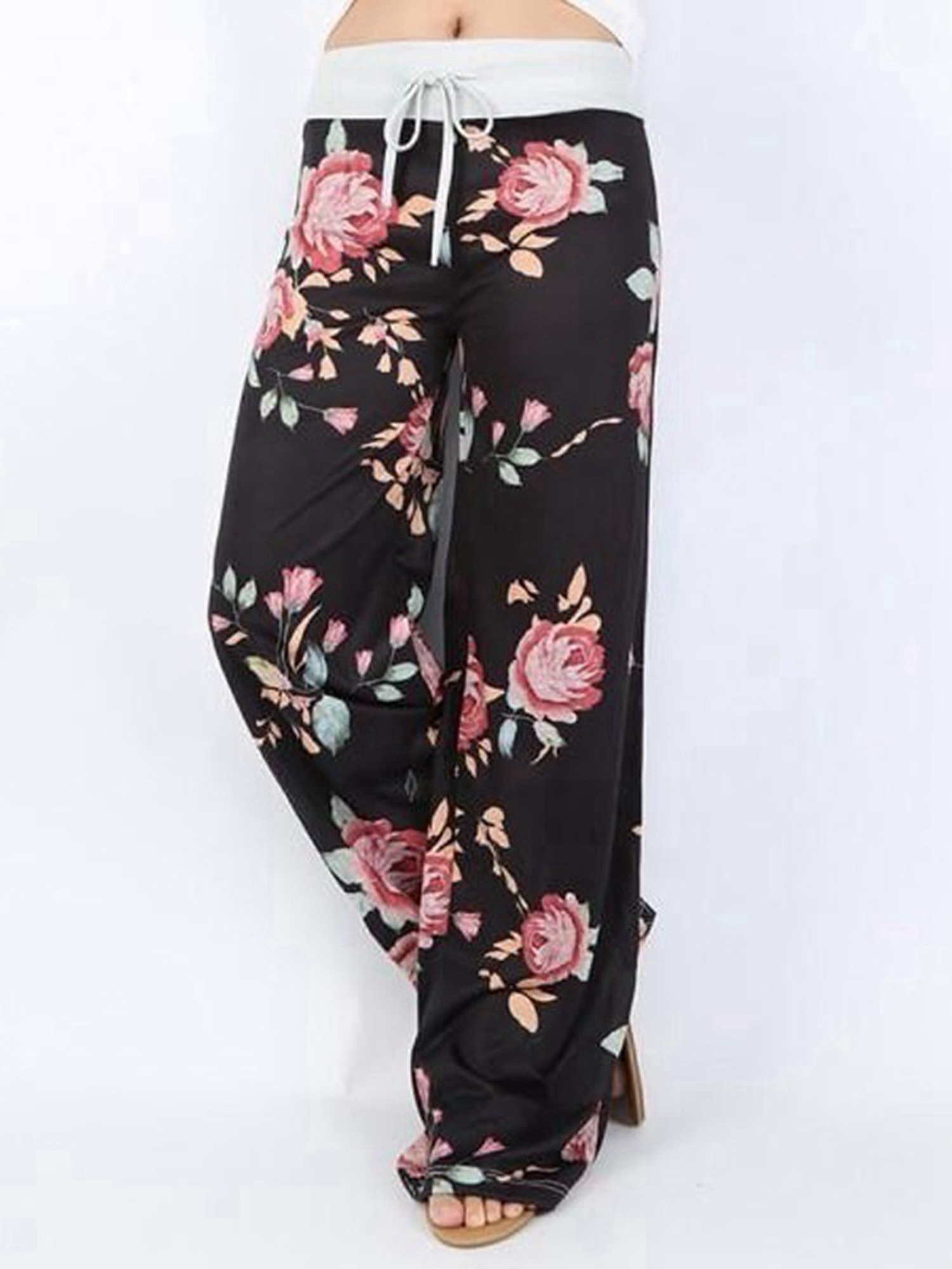 Casual Soft Pajama Pants for Women Floral Print Drawstring Casual