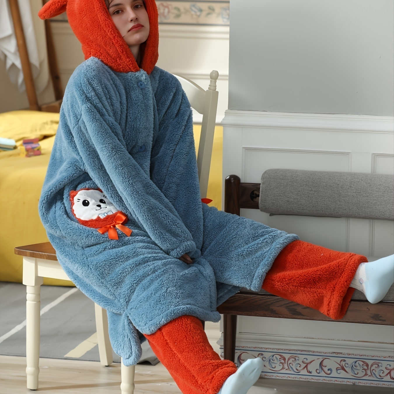 Soft & Cute Thick Fuzzy Hoodie Pajamas Set, Button Up Pajama Top & Elastic  Waistband Pajama Pants, Women's Loungewear & Sleepwear