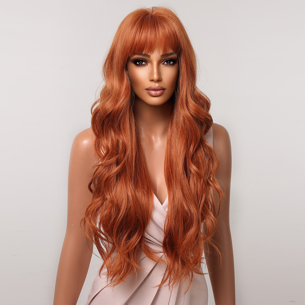 

Long Natural Wave Bangs Synthetic Wig For Women - Ginger Orange Color With Gorgeous Waves And Volume Music Festival