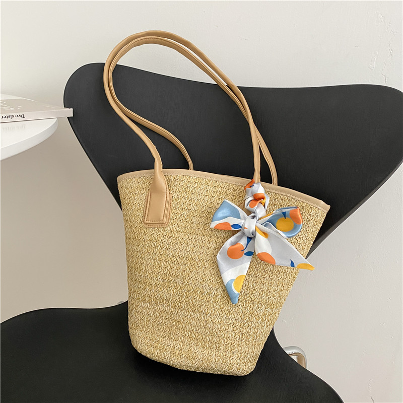 Summer Twilly Scarf Decor Straw Bag For Women New Trendy Vacation