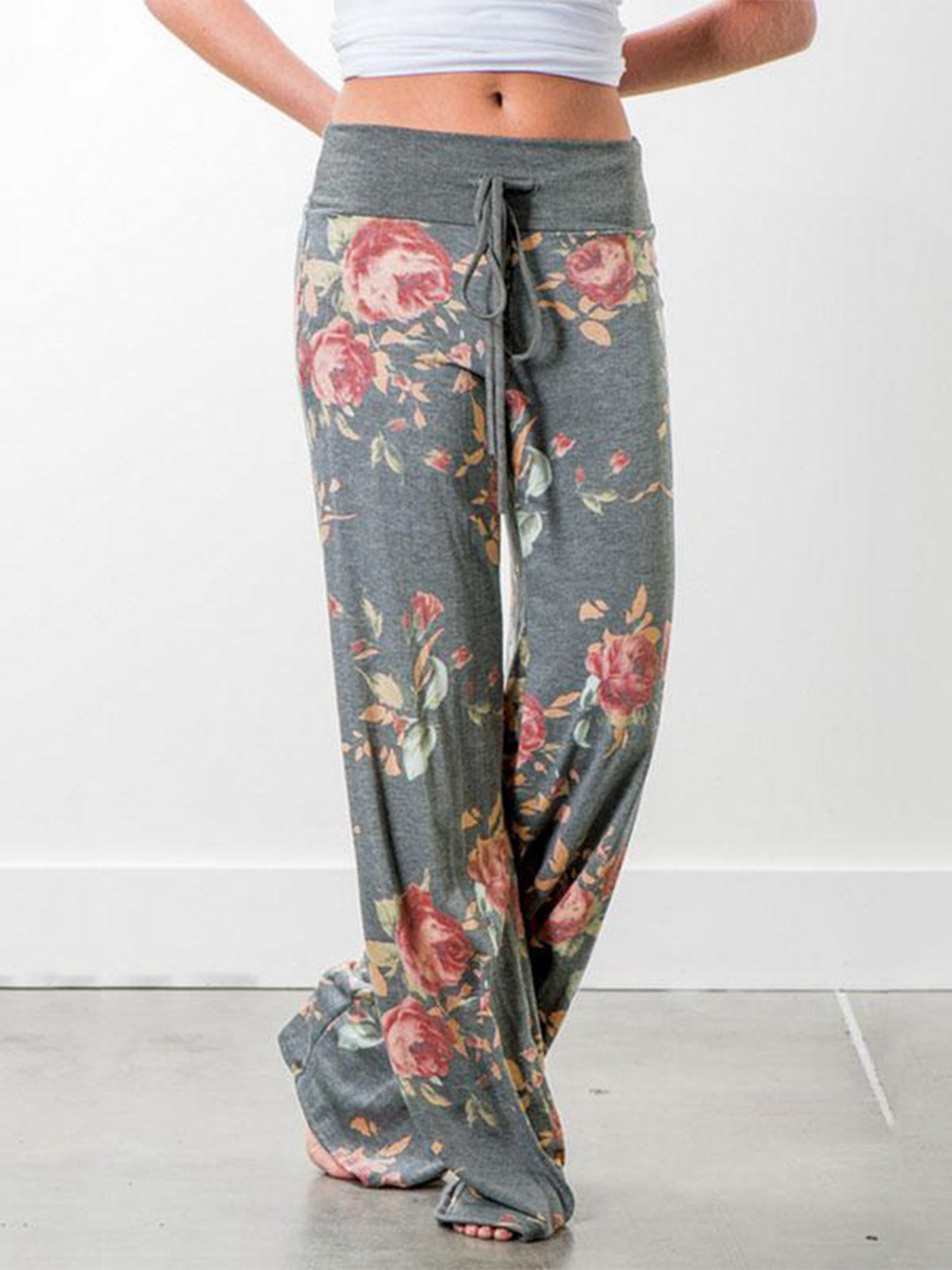 AMiERY Women's Comfy Casual Pajama Pants Floral Print Drawstring