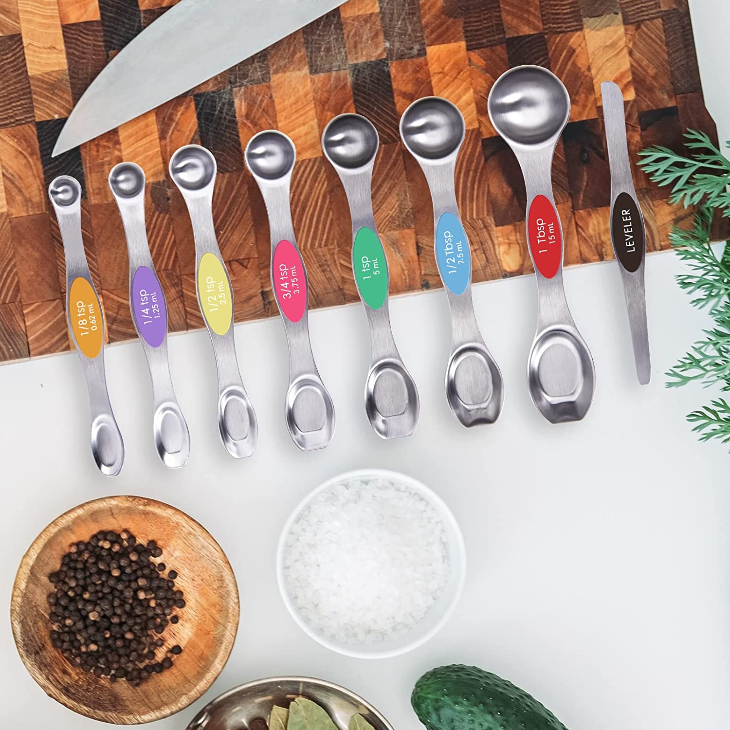 Magnetic Measuring Spoons Set, Dual Sided, Stainless Steel, Fits in Spice Jars (8 Pieces-Multicolor), YF02