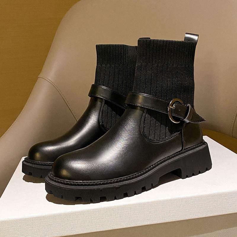 Solid Knit Round Toe Black Chelsea Boots, Women's Platform Heel Women's ...