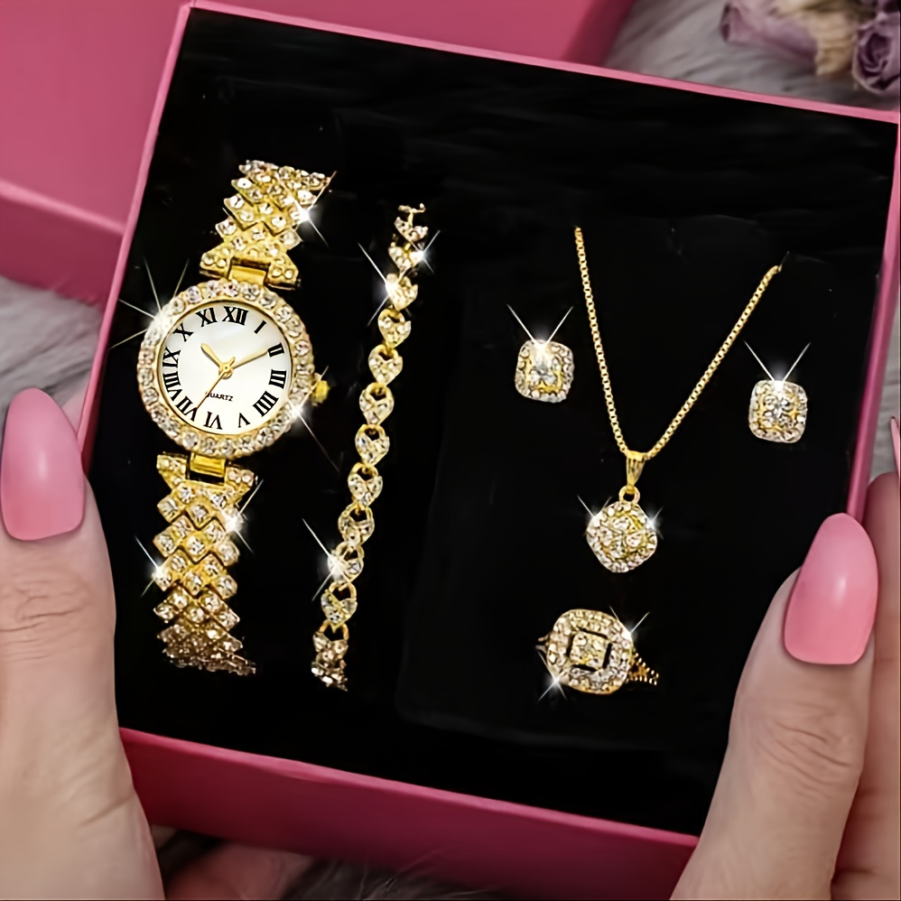 

1pc Rhinestone Decor Quartz Watch Luxury Noman Numeral Analog Wristwatch & 5pcs Jewelry Set, Best Gift For Her