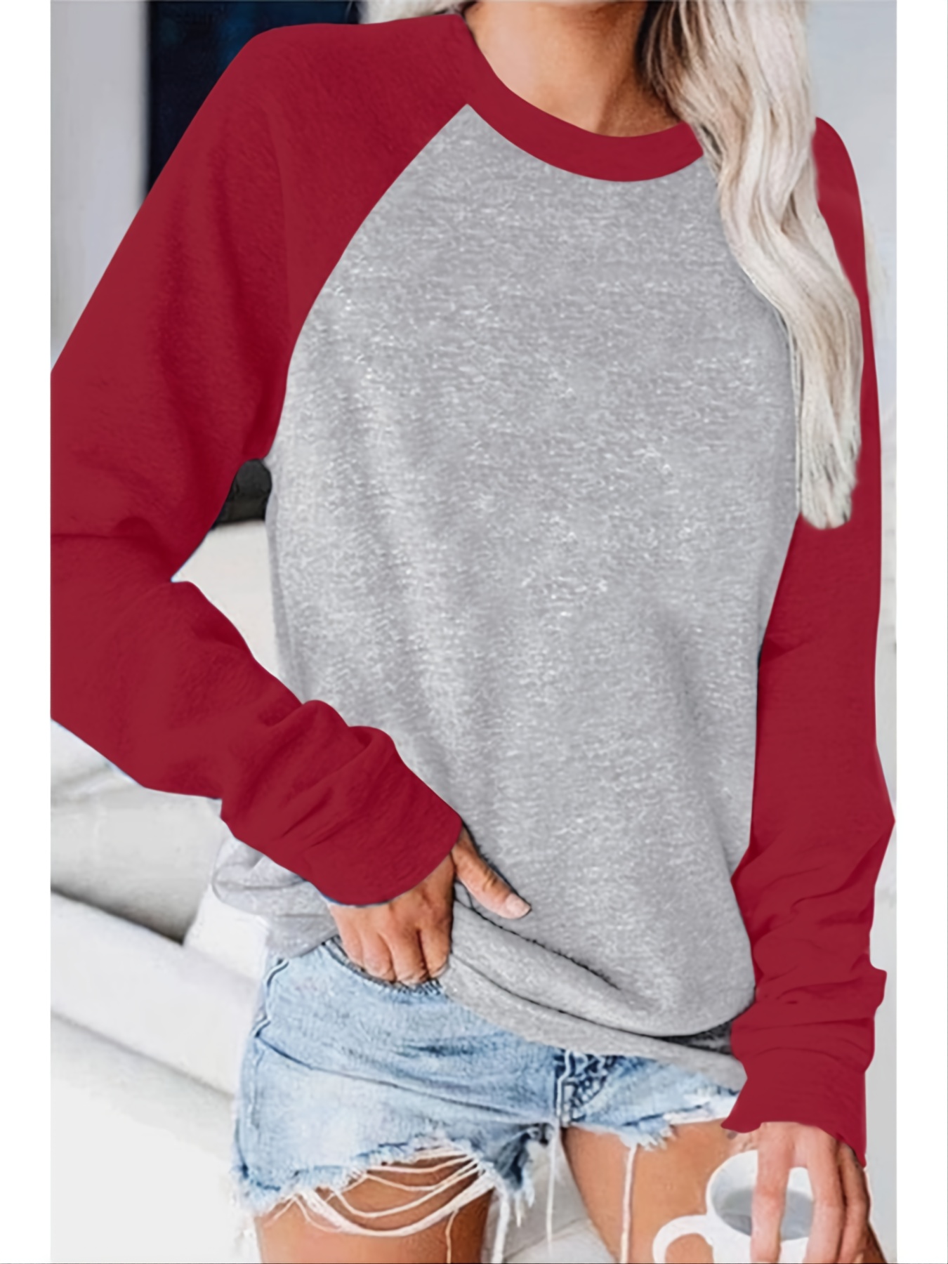 Womens Color Block Long Sleeve Tops Winter Crew Neck T-shirts