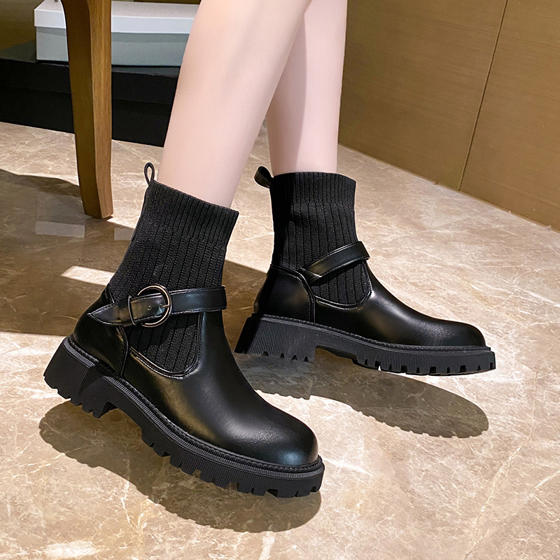 Women's Thick Sole Knit Spliced Ankle Boots, Buckle Decor Black Chelsea  Boots