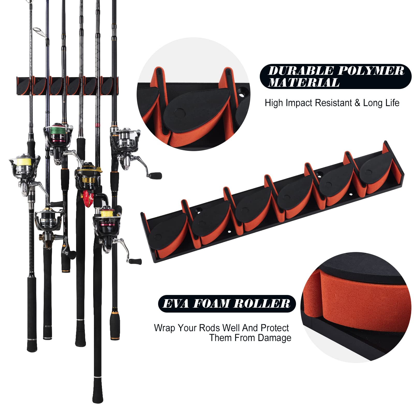 Goture Vertical Fishing Rod Holder, Wall Mounted Fishing Rod Storage Rack,  Hold up to 10 Rods and 5 Combos,Fit Most Rods of Diameter 5-13mm(Black,  1Pack) 
