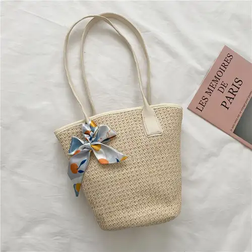 White Plain Straw Bag with Twilly Scarf Decor and Double Handle, Perfect  for Vacation
