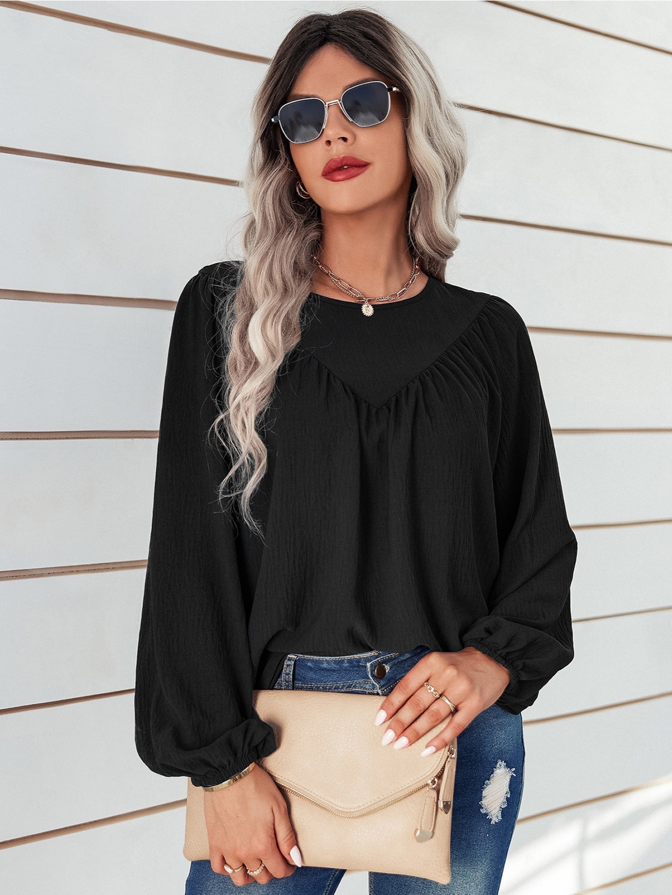 Women's Blouse Lace Puff Sleeve Lantern Sleeve Solid Pleated Women ...