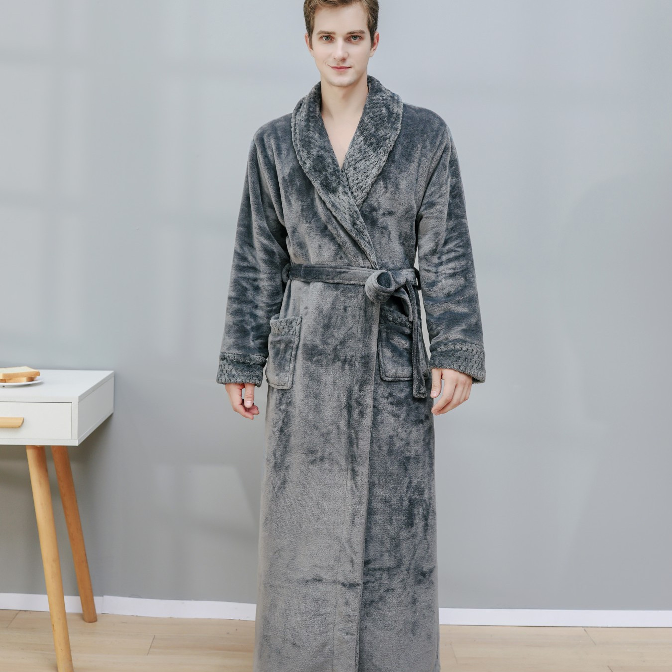Men's Autumn & Winter Flannel Pajamas With Belt, V Neck Bathrobe ...