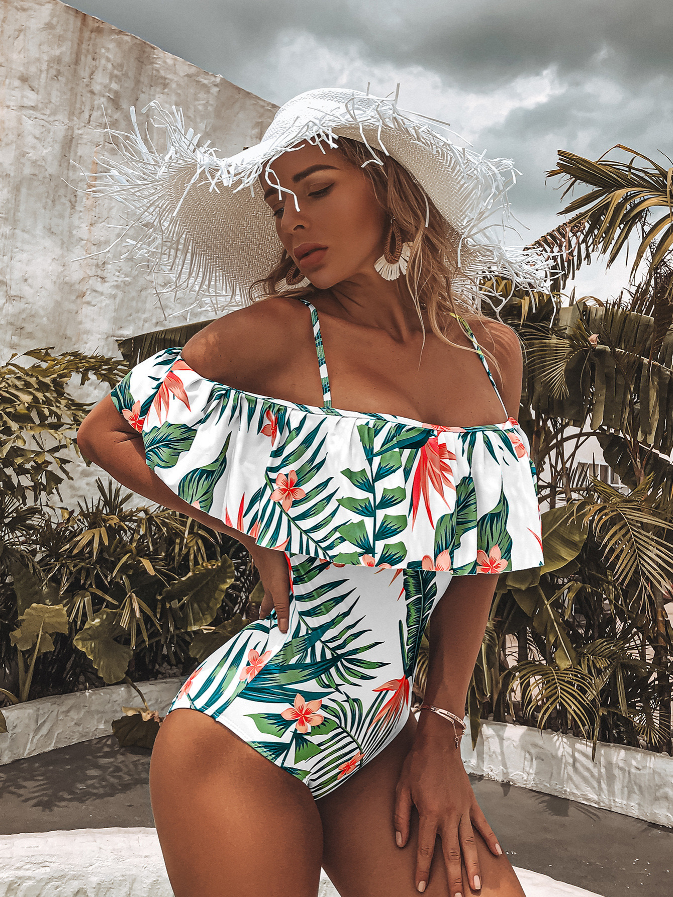 tropical leaf floral all over print off shoulder exaggerated ruffled trim high cut tummy control one piece swimsuit womens swimwear