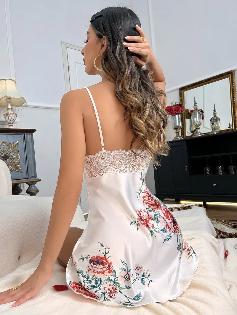 floral print slip nightdress sexy contrast lace deep v sleeveless dress womens lingerie sleepwear details 1