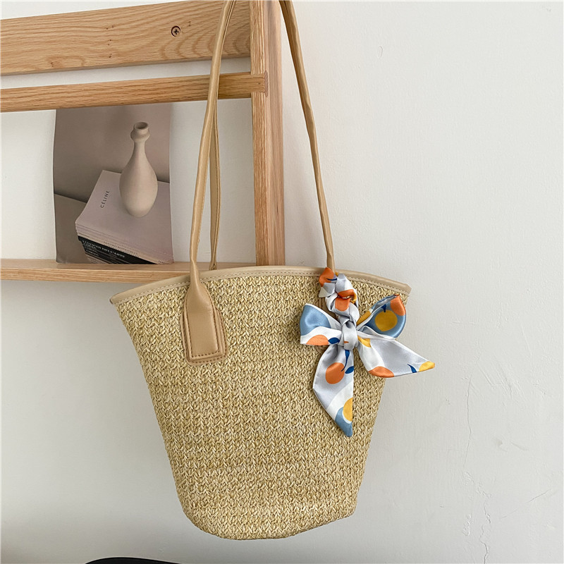 Summer Twilly Scarf Decor Straw Bag For Women New Trendy Vacation