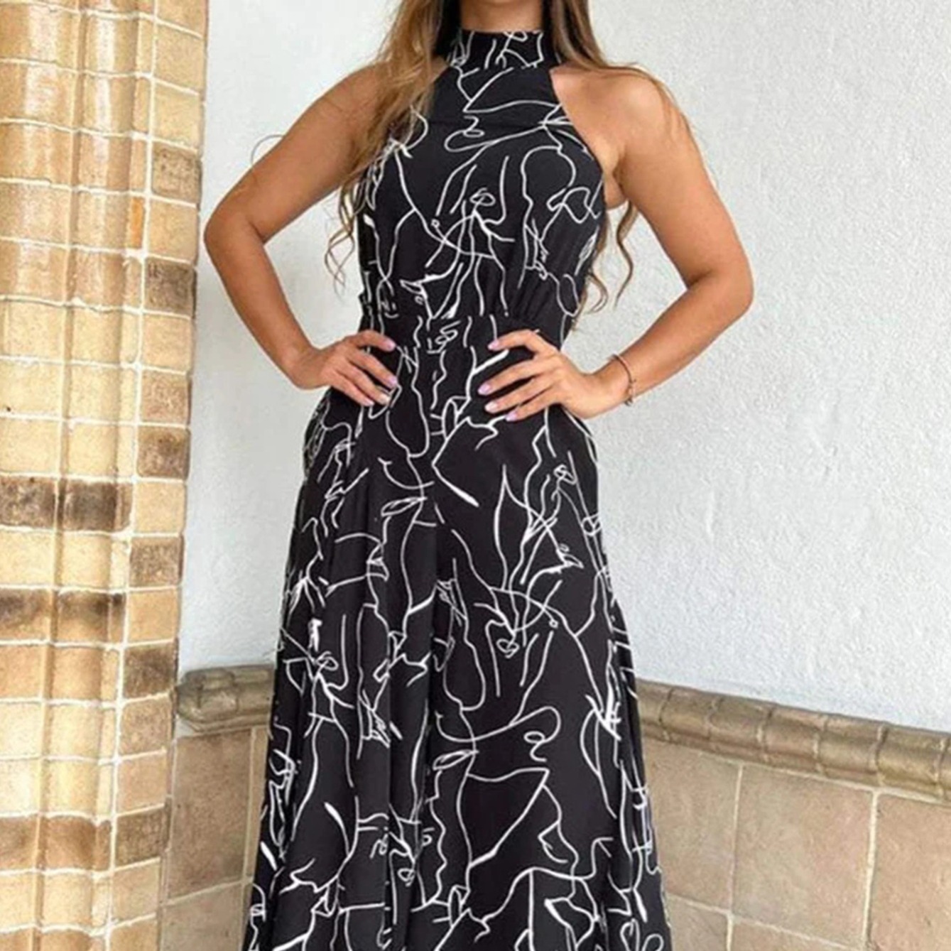 

Elegant Tie Waist Halter Jumpsuit, Casual Floral Print Sleeveless Summer Wide Leg Jumpsuit, Women's Clothing
