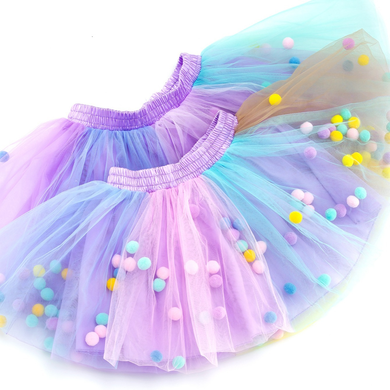 

Girls Color Block Tutu Skirts Fluffy Tulle Tutus Princess Skirts With Pom Pom Design Kids Clothes For Party