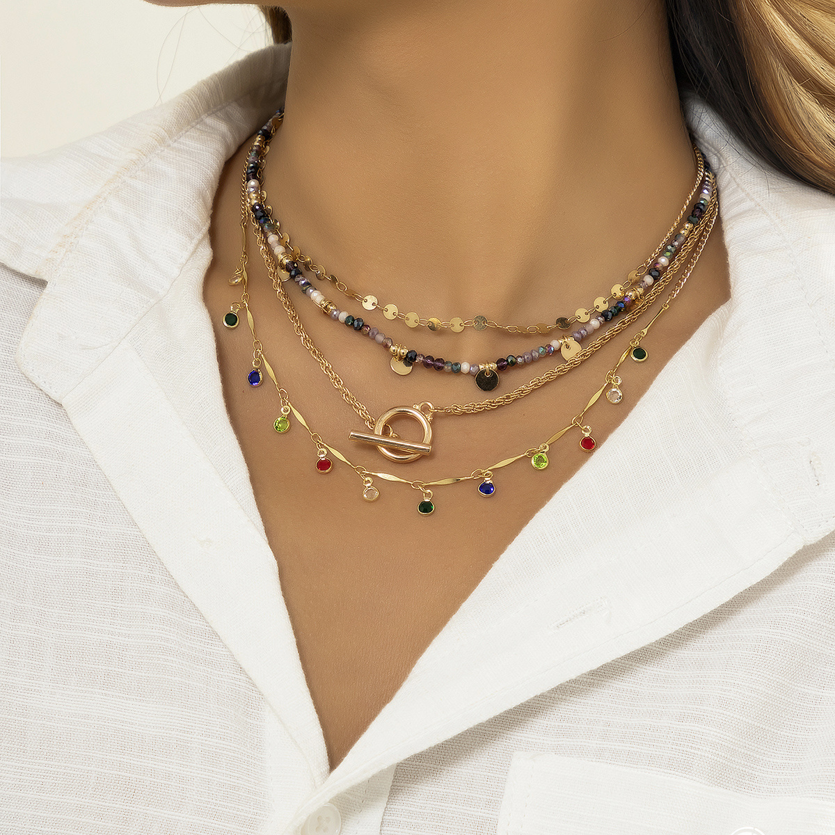 

4pcs Elegant Fashion Colorful Crystal Sequins Tassel Geometric Beaded Necklace Set For Women