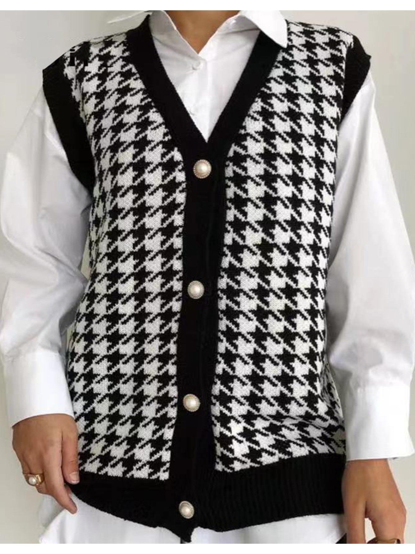 Houndstooth Loose Sweater Vests, Casual V-Neck Sleeveless Fall Winter Knit  Sweater Vest, Women's Clothing