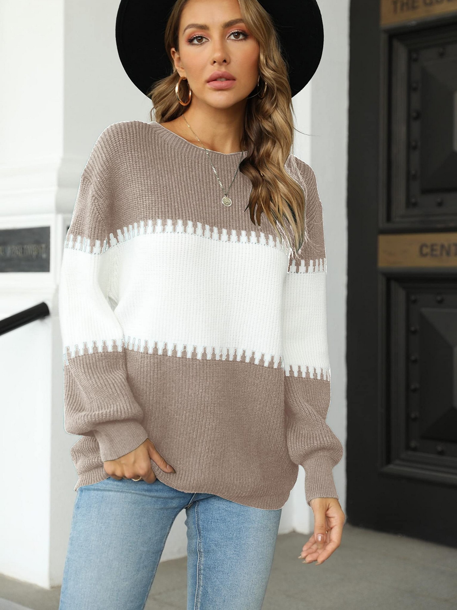 Women Round Neck Long Sleeve Knit Sweater Solid Color Loose