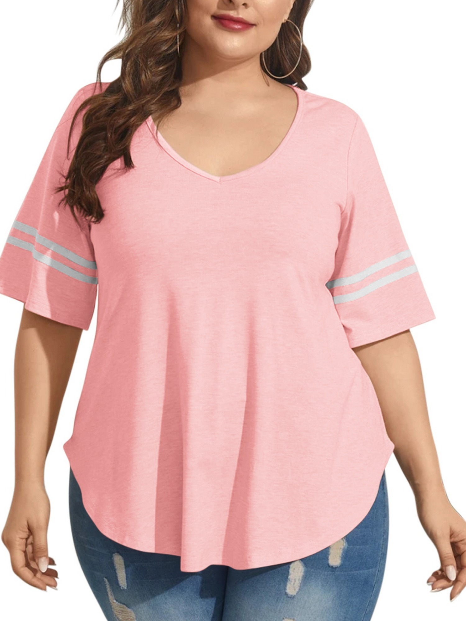  Plus Size Shirt For Women Summer Crew Round Neck Button  Basic Tops Oversized Short Sleeve Tie Dye Pink Stripes Henley Shirts Ladies  Loose Fit Tunic Blouse 5X 5XL 26W 28W