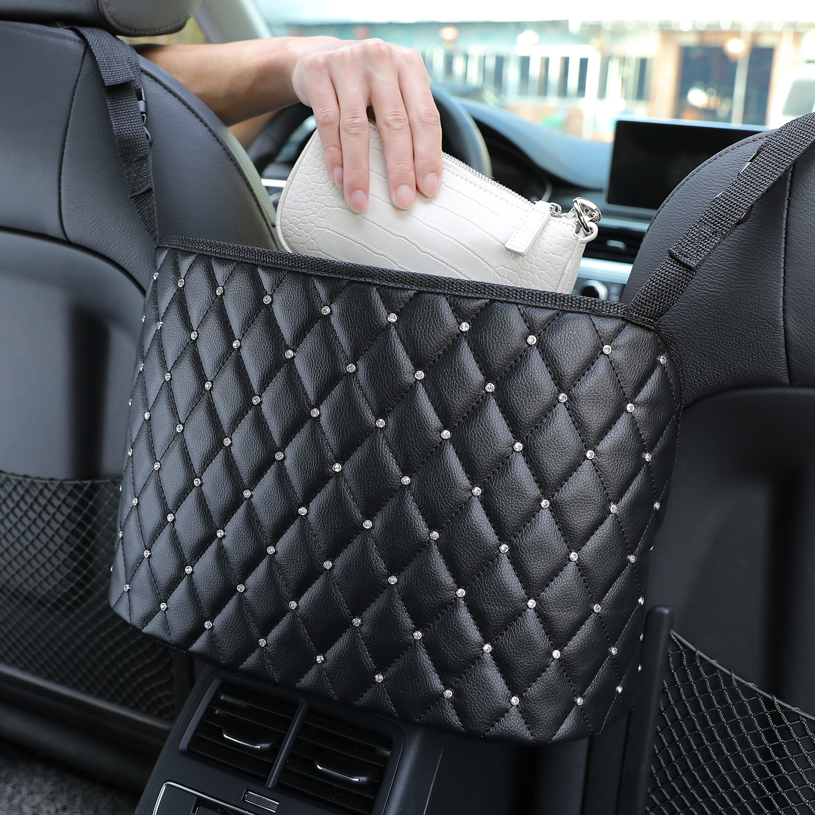 Netztaschen-Handtaschenhalter für die Aufbewahrung im Auto,  Auto-Geldbörsenhalter zwischen den Sitzen, Auto-Handtaschenhalter
