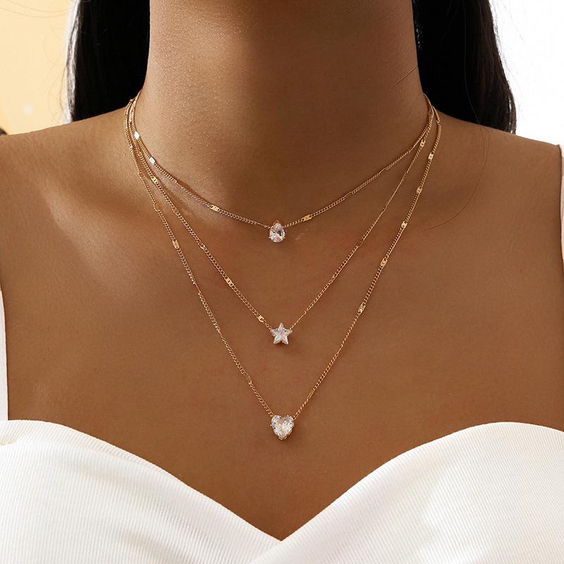 

Zircon Necklace Multi-layer Five-pointed Star Love Water Drop Pendant Retro Necklace Clavicle Chain
