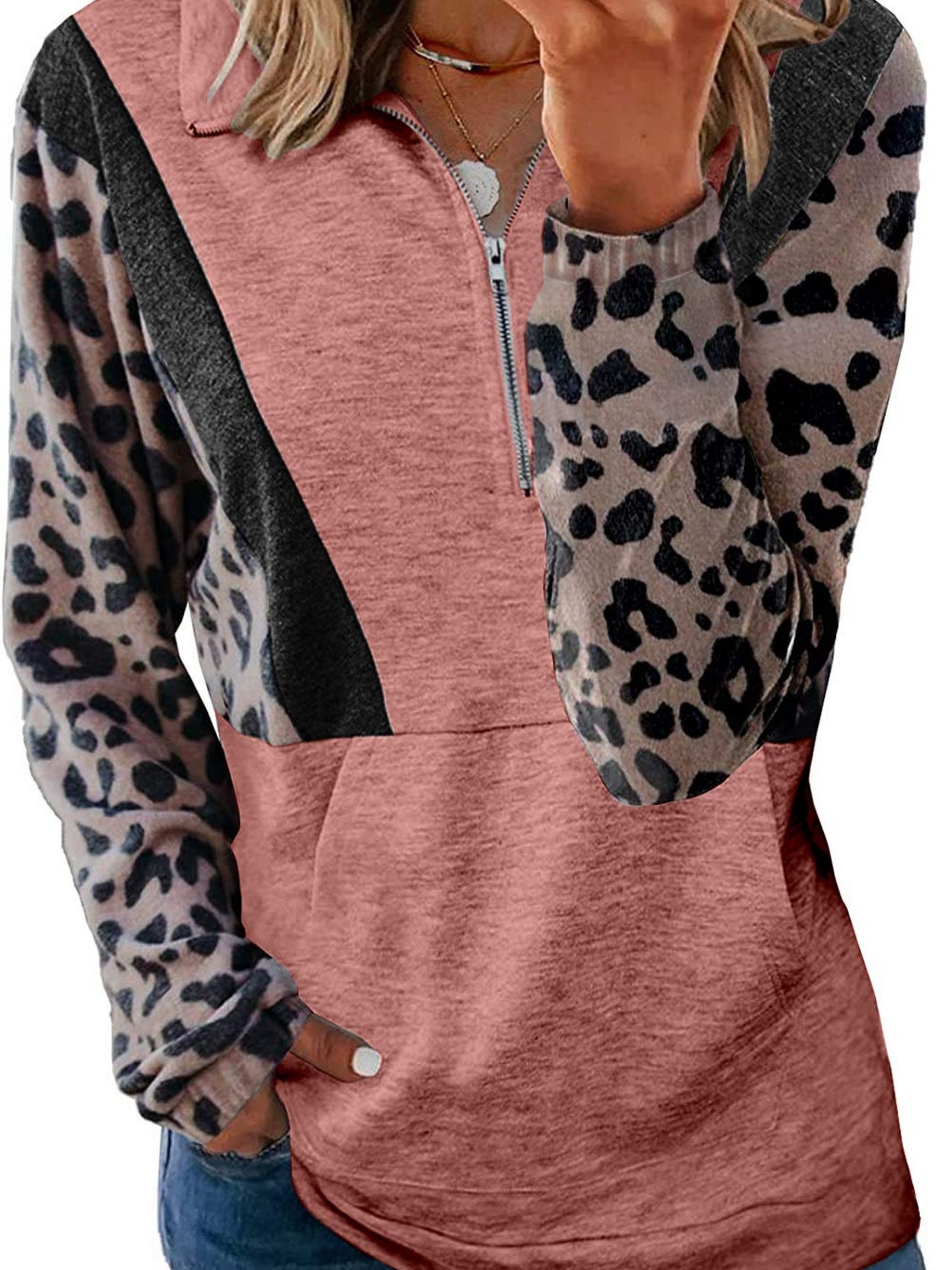 Women Fashion Leopard Zipper Pullover Sweatshirt Casual Long Sleeve V-neck  Oversized Top - Temu Canada