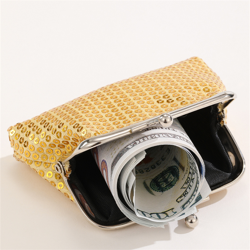 Contrast Sequin Kiss Lock Coin Purse Fabric Mouth Golden Bag Temu