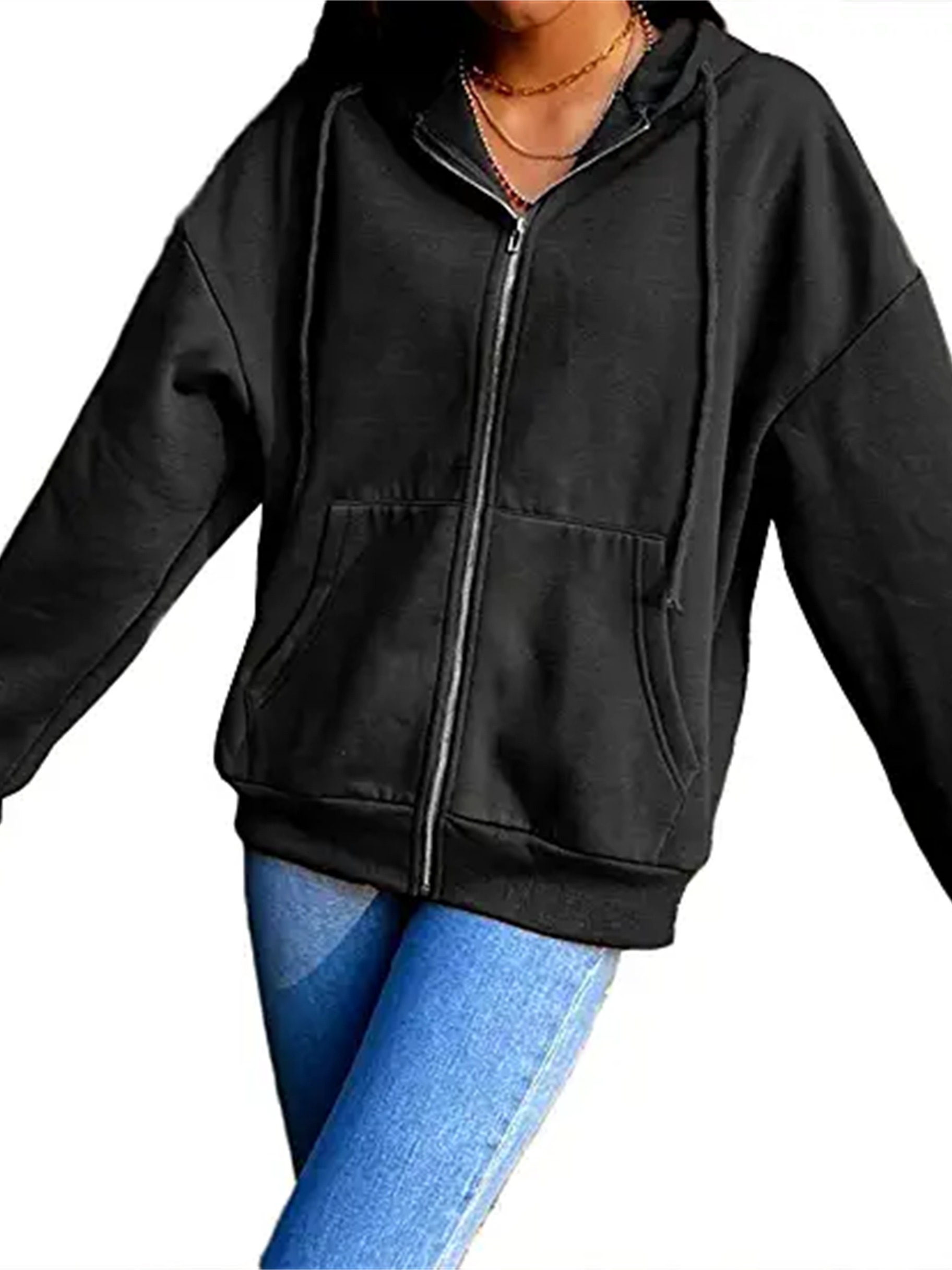 Sudadera negra con cremallera y bolsillo para mujer, sudadera larga con  capucha y manga casual con cremallera negra