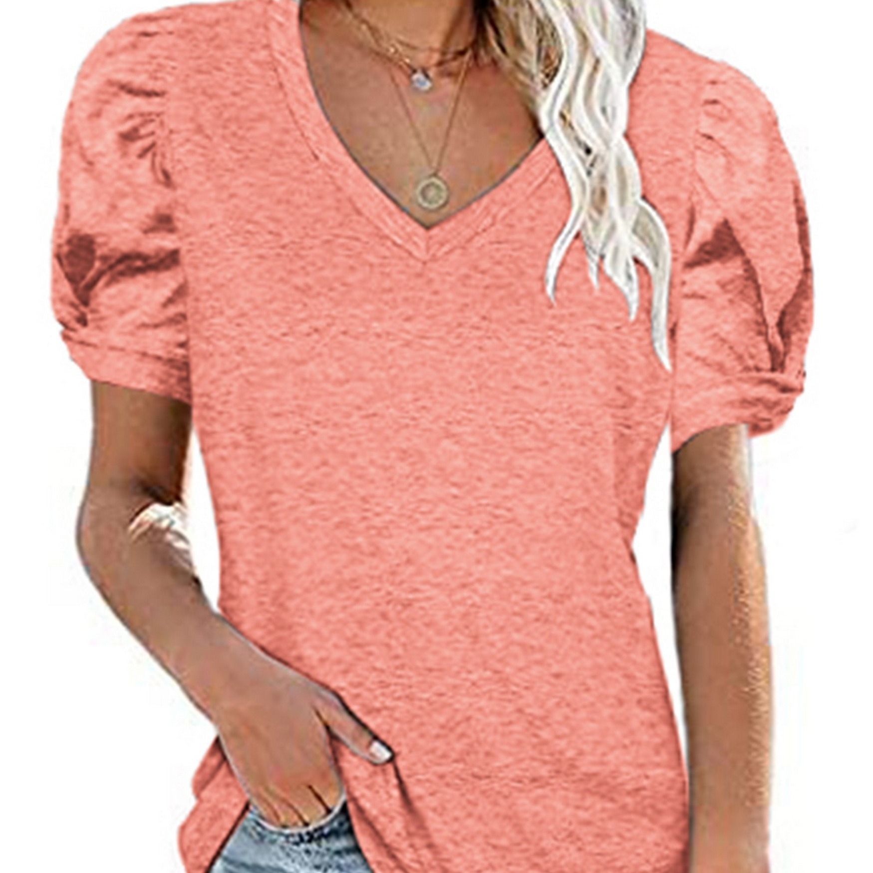 

Women's T-shirt Summer V-neck Puff Sleeve Solid Color Loose Casual T-shirt